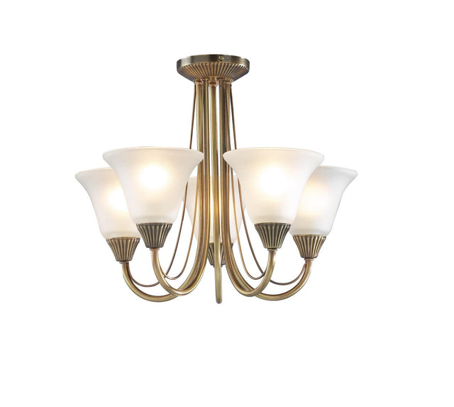 Boston 5 Light Semi Flush Antique Brass Opal Glass