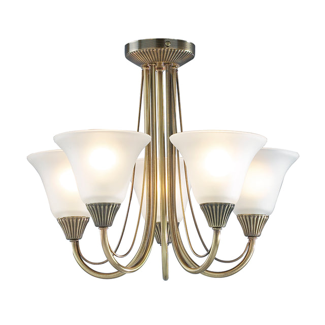 Boston 5 Light Semi Flush Antique Brass Opal Glass