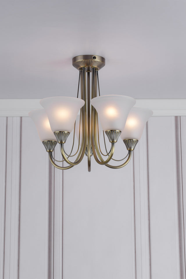 Boston 5 Light Semi Flush Antique Brass Opal Glass