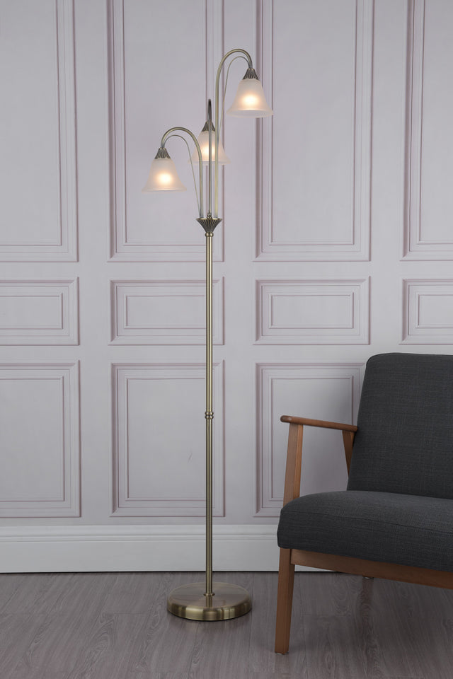 Boston 3 Light Floor Lamp Antique Brass and Opal Glass