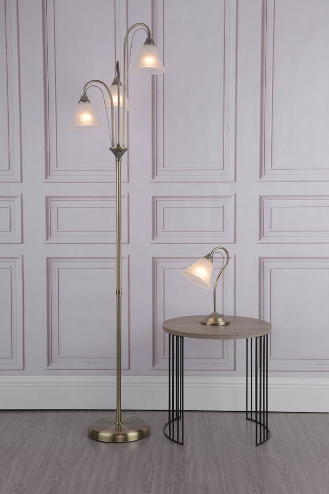 Boston 3 Light Floor Lamp Antique Brass and Opal Glass