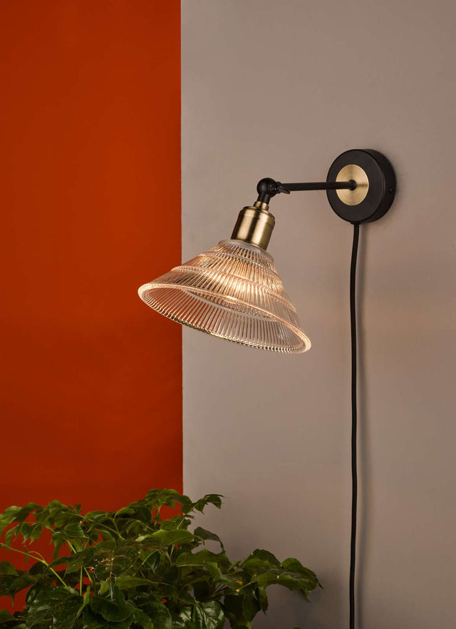 Boyd Wall Light Antique Brass & Matt Black With Glass Shade - Plug In