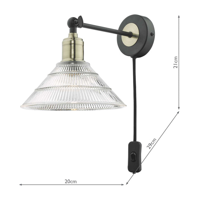 Boyd Wall Light Antique Brass & Matt Black With Glass Shade - Plug In