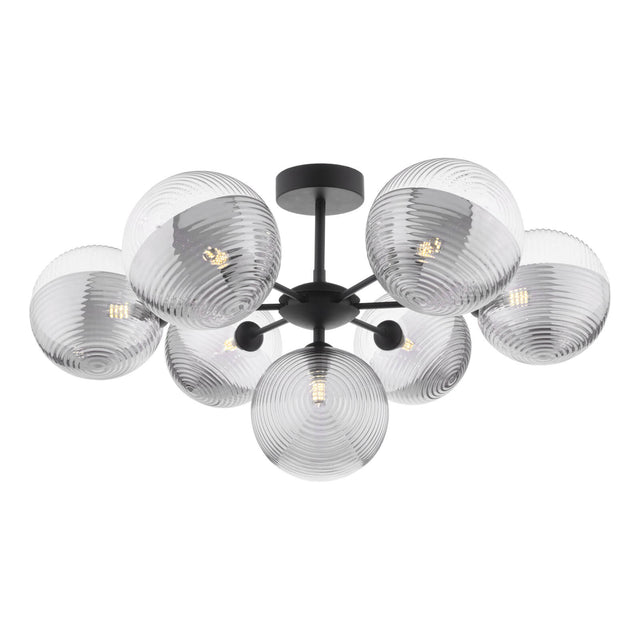 Cohen 7 Light Semi-Flush Matt Black & Smoked/Clear Ribbed Glass