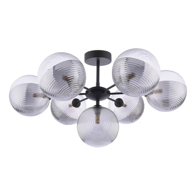 Cohen 7 Light Semi-Flush Matt Black & Smoked/Clear Ribbed Glass