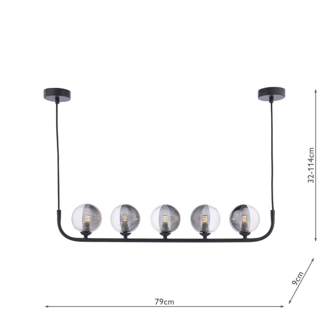 Cradle 5 Light Bar Pendant Matt Black & Smoked/Clear Ribbed Glass