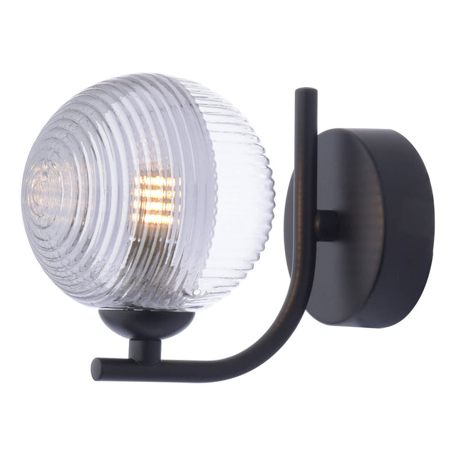 Cradle Wall Light Matt Black & Smoked/Clear Ribbed Glass