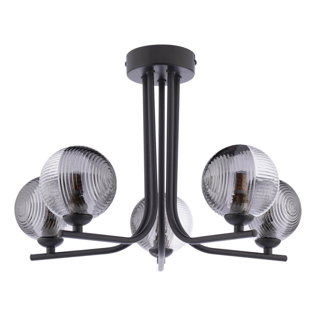 Cradle 5 Light Semi-Flush Matt Black & Smoked/Clear Ribbed Glass