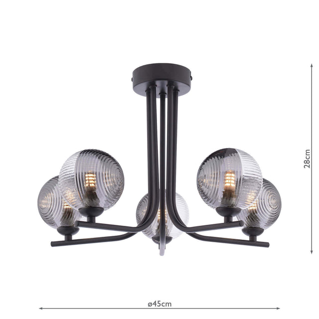 Cradle 5 Light Semi-Flush Matt Black & Smoked/Clear Ribbed Glass