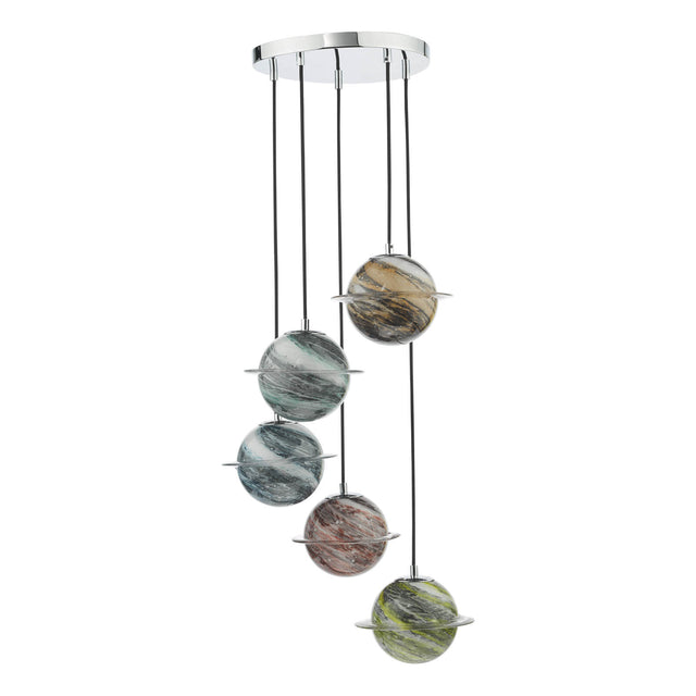 Cygnus 5 Light Cluster Pendant Polished Chrome and Planet Style Glass