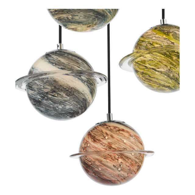 Cygnus 5 Light Cluster Pendant Polished Chrome and Planet Style Glass