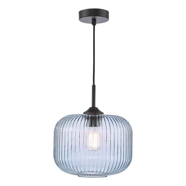 Demarius Pendant Matt Black and Blue Ribbed Glass