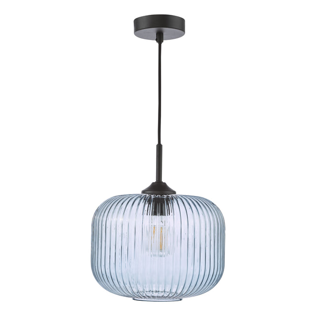 Demarius Pendant Matt Black and Blue Ribbed Glass