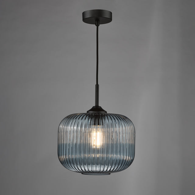 Demarius Pendant Matt Black and Blue Ribbed Glass