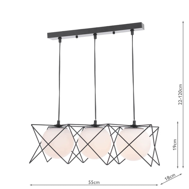 Dreyson 3 Light Bar Pendant Matt Black and Opal Glass