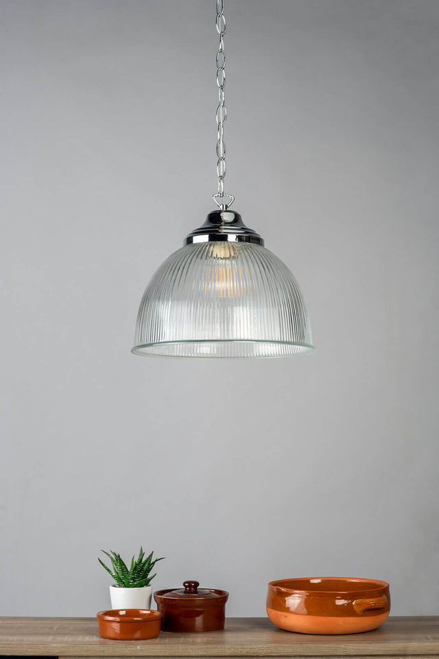 Edna Pendant Ribbed Glass Polished Chrome