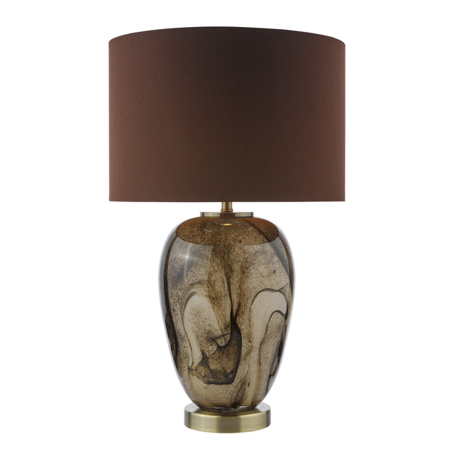 Egas Table Lamp Brown Marble Effect Glass and Antique Brass With Shade