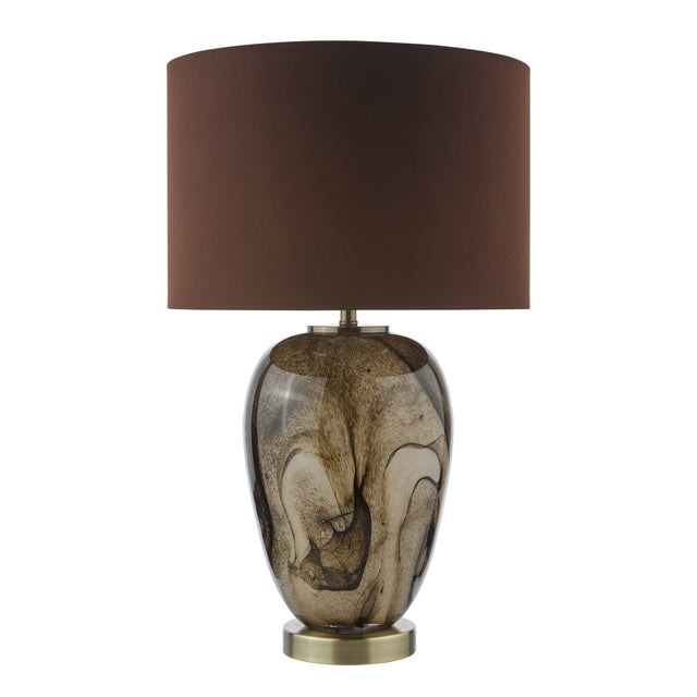 Egas Table Lamp Brown Marble Effect Glass and Antique Brass With Shade