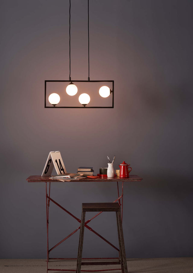 Ensio 4 Light Pendant Matt Black & Opal Glass