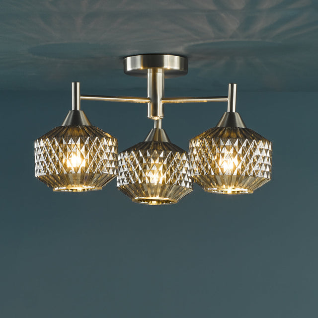 Fabrienne 3 Light Semi-Flush Satin Nickel and Smoked Glass