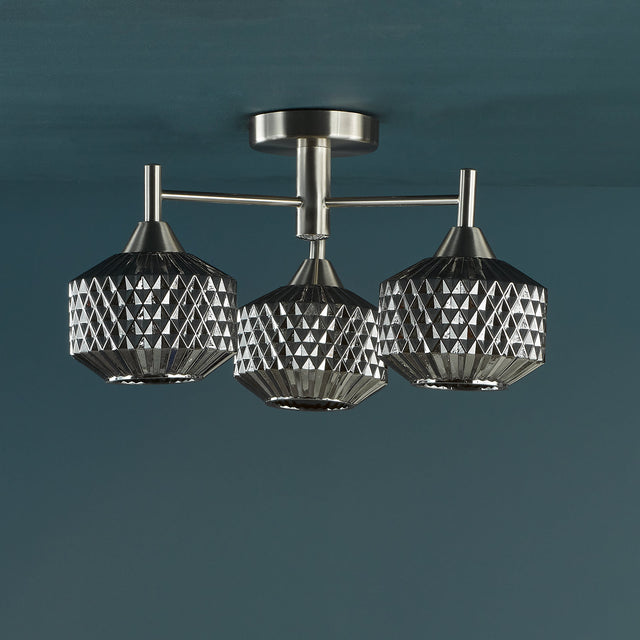 Fabrienne 3 Light Semi-Flush Satin Nickel and Smoked Glass