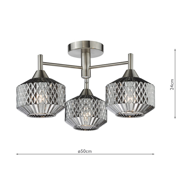 Fabrienne 3 Light Semi-Flush Satin Nickel and Smoked Glass