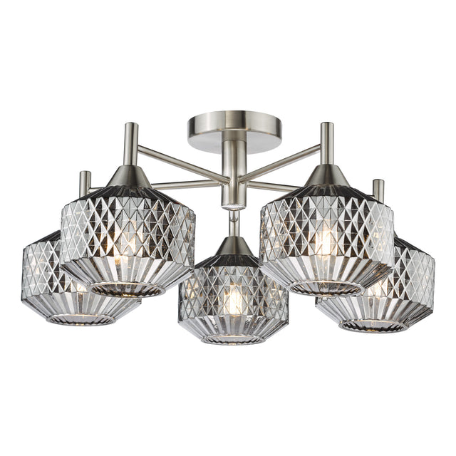 Fabrienne 5 Light Semi-Flush Satin Nickel and Smoked Glass