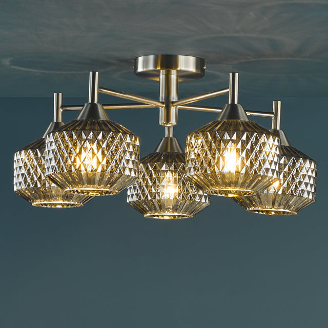 Fabrienne 5 Light Semi-Flush Satin Nickel and Smoked Glass