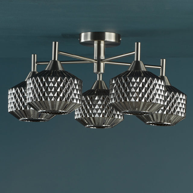 Fabrienne 5 Light Semi-Flush Satin Nickel and Smoked Glass