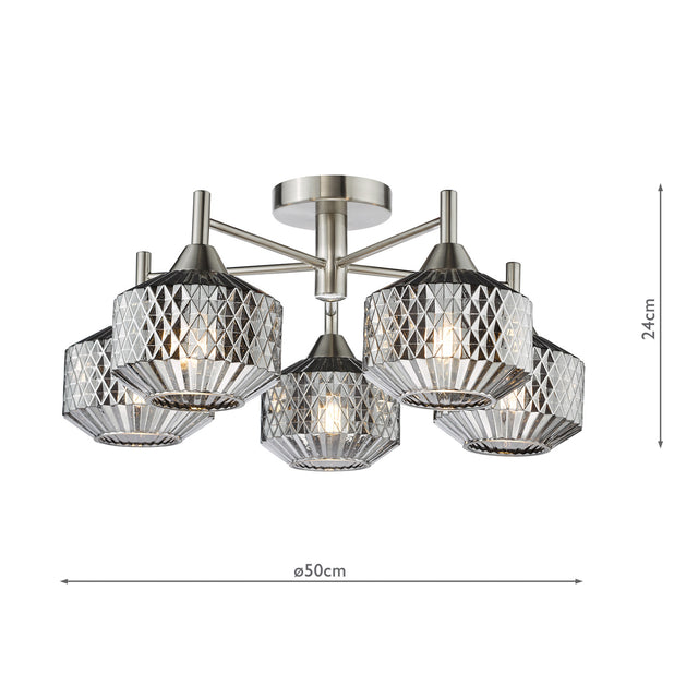 Fabrienne 5 Light Semi-Flush Satin Nickel and Smoked Glass