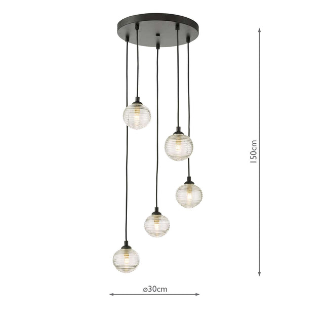 Federico 5 Light Cluster Pendant Black Clear Ribbed Glass