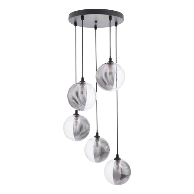 Federico 5 Light Cluster Pendant Matt Black & Smoked/Clear Ribbed Glass