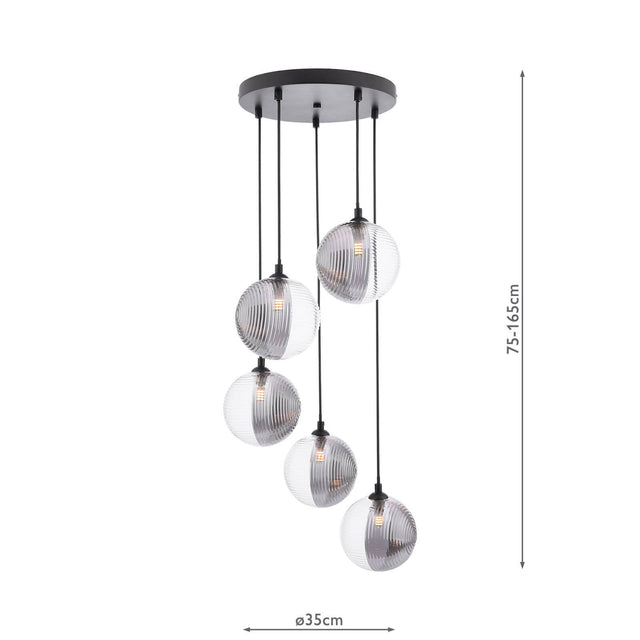 Federico 5 Light Cluster Pendant Matt Black & Smoked/Clear Ribbed Glass