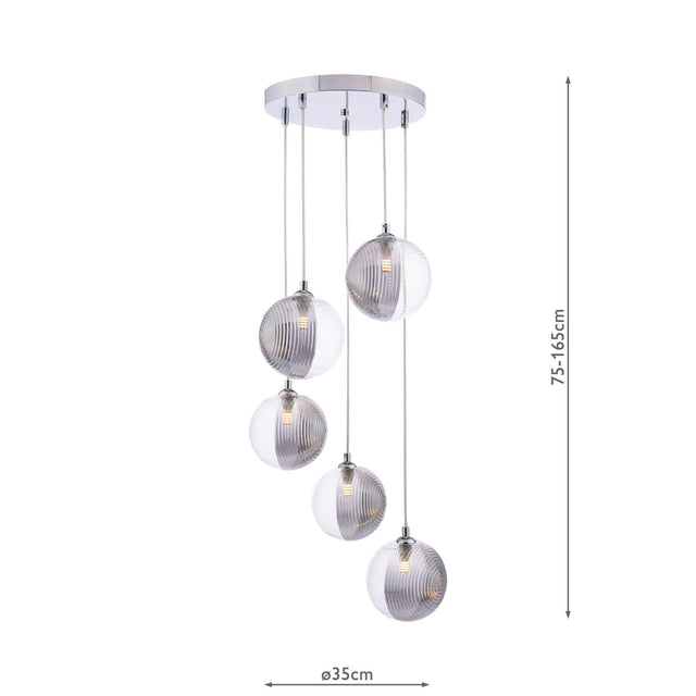 Federico 5 Light Cluster Pendant Polished Chrome & Smoked/Clear Ribbed Glass