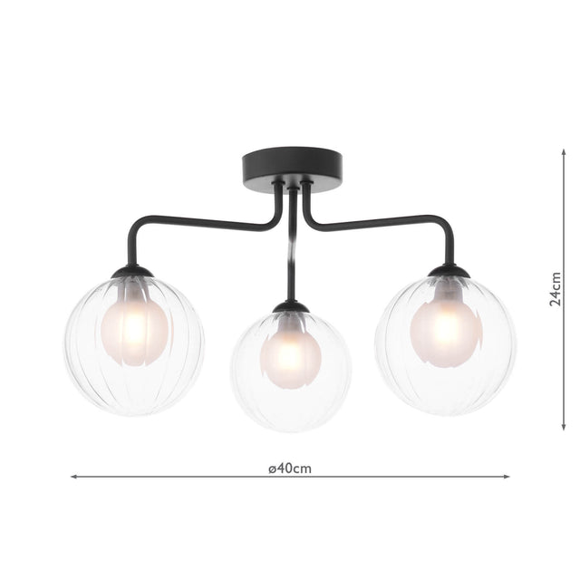 Feya 3 Light Semi-Flush Matt Black & Clear/Opal Glass