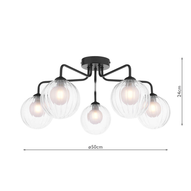 Feya 5 Light Semi-Flush Matt Black & Clear/Opal Glass