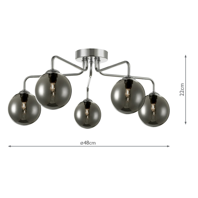 Feya 5 Light Semi Flush Polished Chrome Smoked Glass