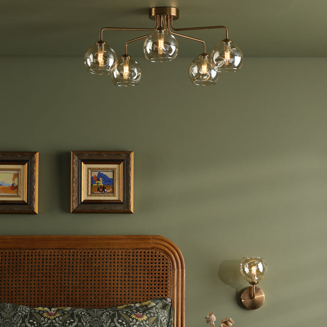 Feya 5 Light Semi-Flush Antique Bronze & Champagne Dimpled Glass