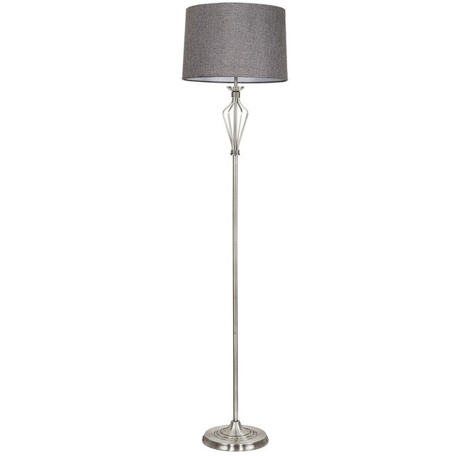 SATIN NICKEL FLOOR LAMP C/W GREY TEXTURED SHADE