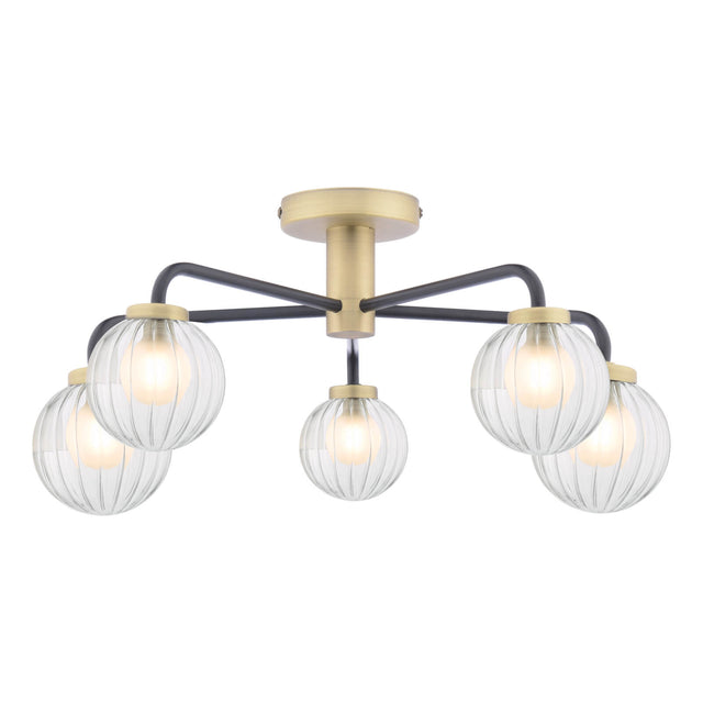 Gibbs 5 Light Semi-Flush Antique Brass & Glass