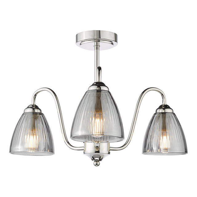 Glynis 3 Light Semi-Flush Polished Nickel and Smoked Ribbed Glass