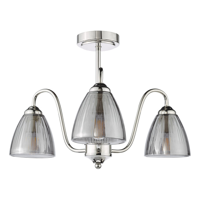 Glynis 3 Light Semi-Flush Polished Nickel and Smoked Ribbed Glass