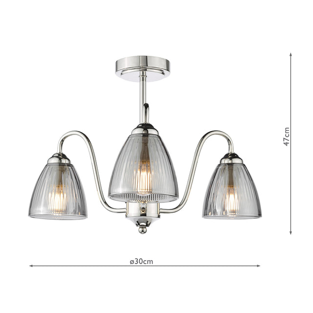 Glynis 3 Light Semi-Flush Polished Nickel and Smoked Ribbed Glass