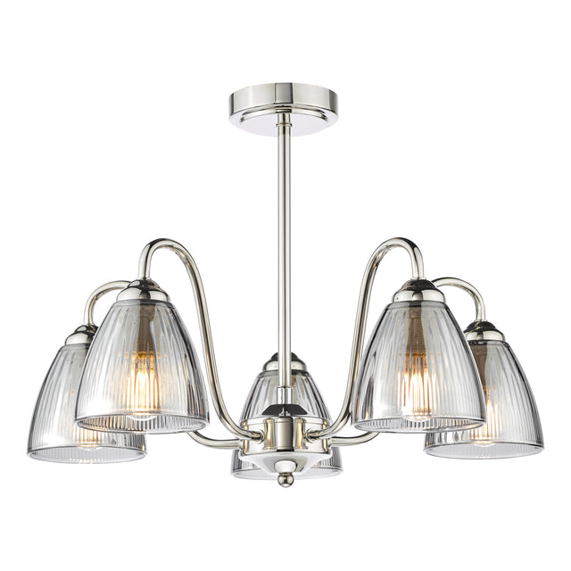 Glynis 5 Light Semi-Flush Polished Nickel and Smoked Ribbed Glass