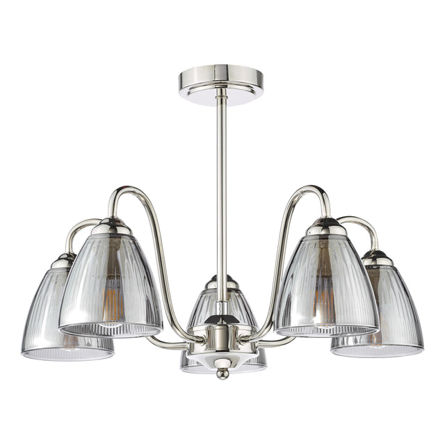 Glynis 5 Light Semi-Flush Polished Nickel and Smoked Ribbed Glass