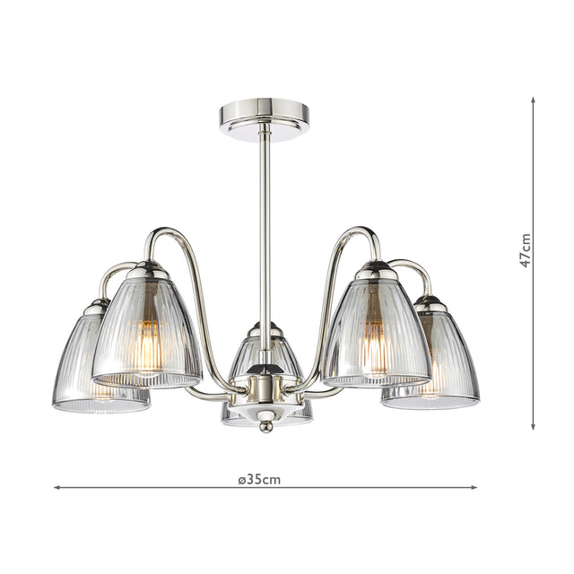 Glynis 5 Light Semi-Flush Polished Nickel and Smoked Ribbed Glass