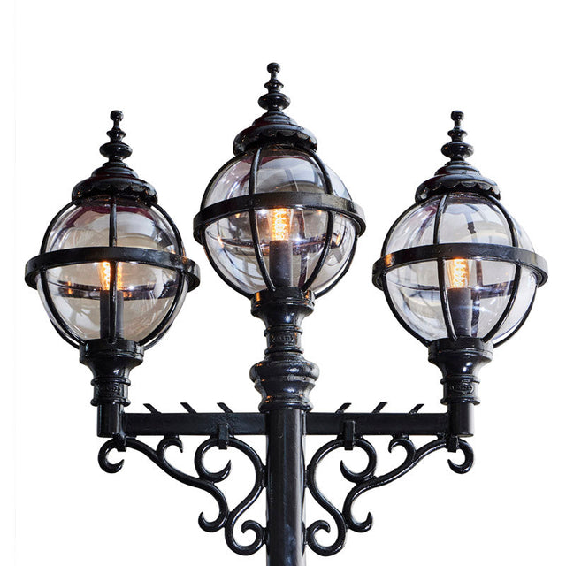 Victorian style globe lamp post triple headed in cast iron