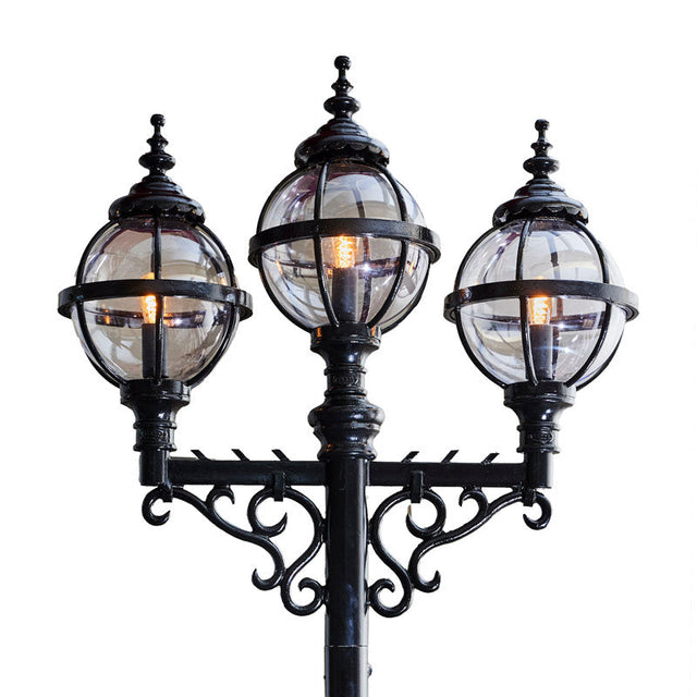 Victorian style globe lamp post triple headed in cast iron