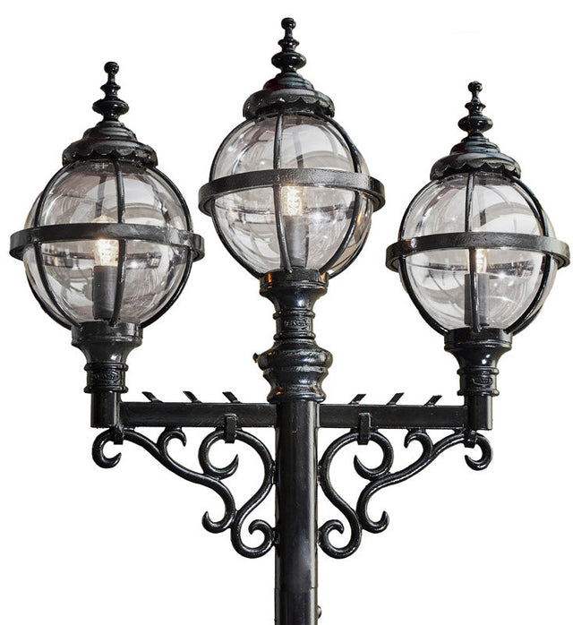 Victorian style globe lamp post triple headed in cast iron