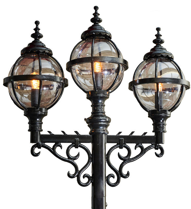 Victorian style globe lamp post triple headed in cast iron